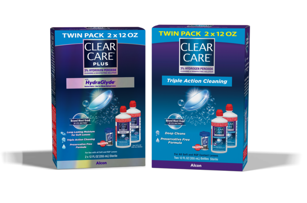 Two 12 oz bottle twin pack product boxes for Clear Care Plus with HydraGlyde and Clear Care Triple Action Cleaning hydrogen peroxide contact solutions by Alcon