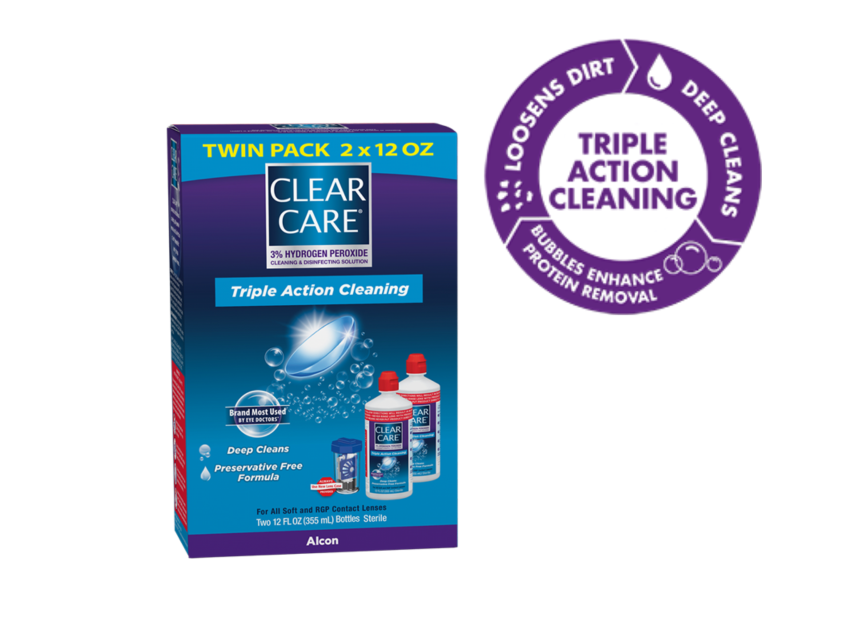 Product box Twin Pack of 2 x 12 oz bottles of Clear Care contact lens solution by Alcon with Triple Action Cleaning which loosens dirt, deep cleans, bubbles enhand protein removal