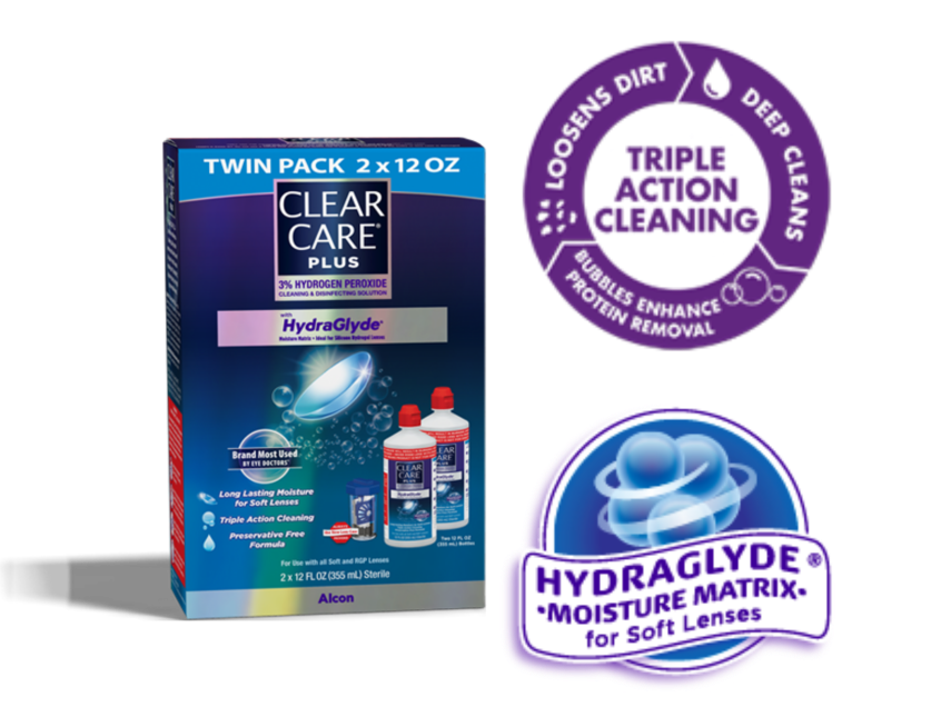 Product box Twin Pack of 2 x 12 oz bottles of Clear Care Plus contact lens solution by Alcon with HydraGlyde Moisture Matrix for soft lenses and Triple Action Cleaning which loosens dirt, deep cleans, bubbles enhance protein removal