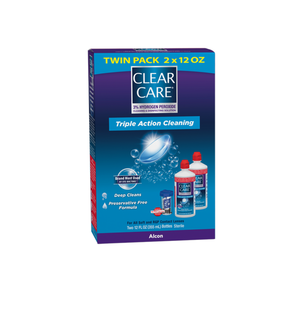 Clear Care Triple Action Cleaning Contact Lens Solution Twin Pack 2 x 12 oz product box by Alcon