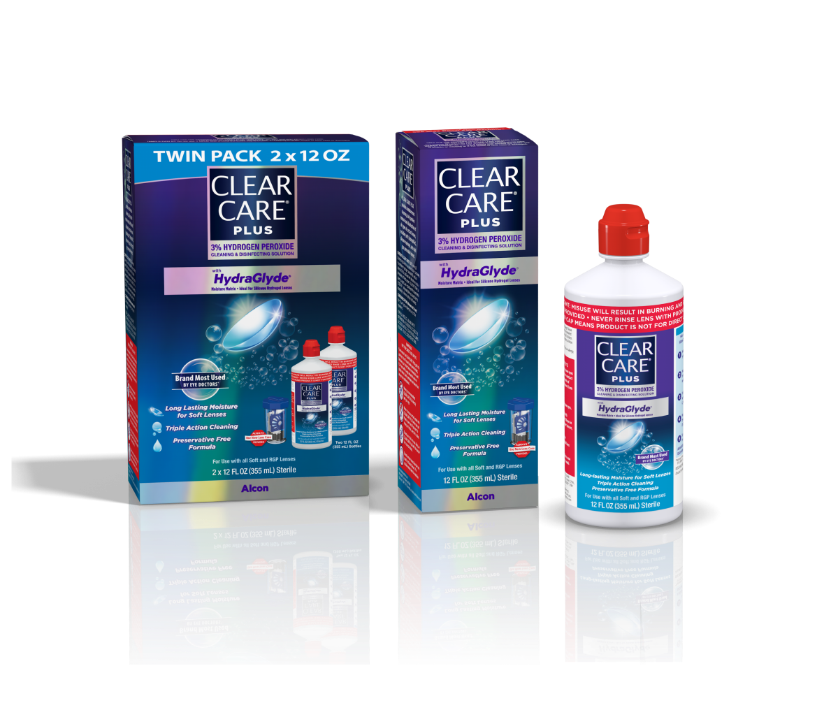 Two product boxes and bottle for Clear Care Plus contact solution with HydraGlyde by Alcon. Twin Pack 2 x 12 oz and single bottle box.