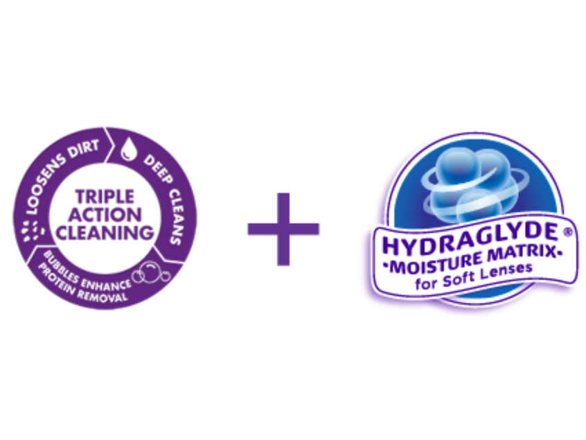 Triple Action Cleaning logo which loosens dirt, deep cleans, bubbles enhance protein removal and HydraGlyde logo with Moisture Matrix for soft lenses