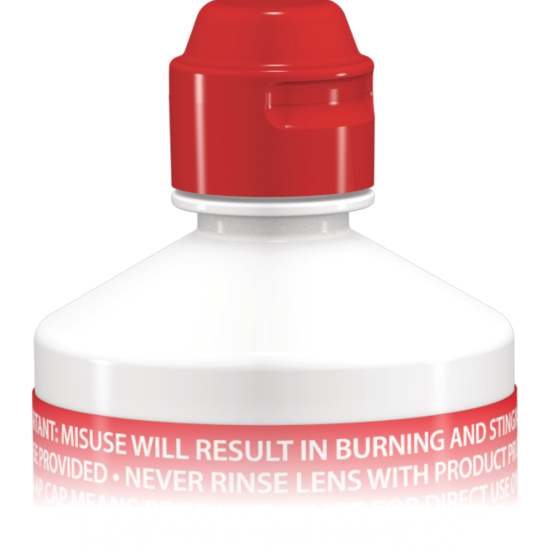 hydrogen peroxide contact solution bottle with red top and red alert messaging