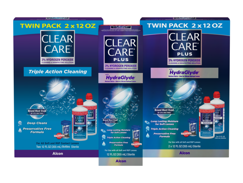Three Clear Care contact lens solutions product boxes. Twin pack 2 x 12 oz product boxes for Clear Care and Clear Care Plus with HydraGlyde and Clear Care Plus with HydaGlyde single bottle box.